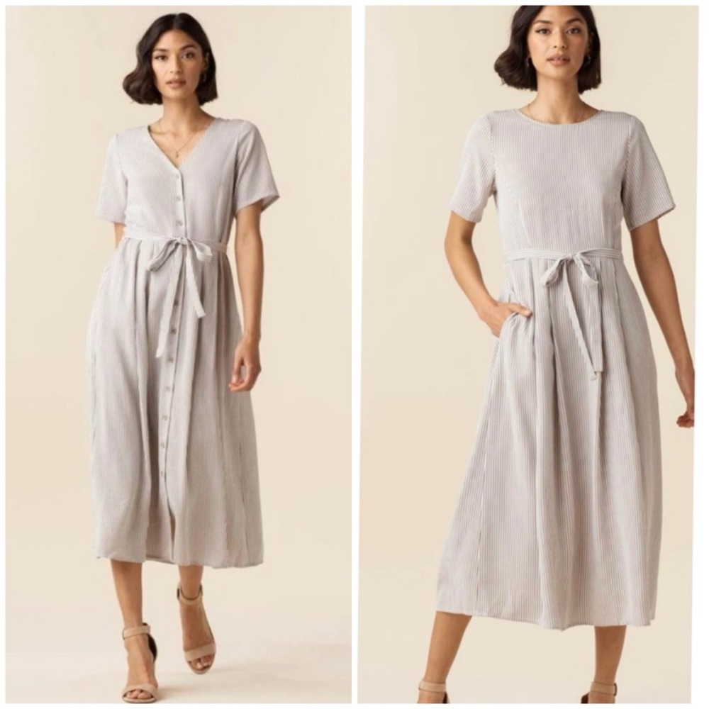 VETTA Striped Reversible The Button Up  Tan Midi‎ Dress Size L